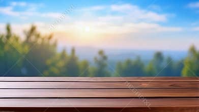 Sunrise over forest horizon with wooden deck in foreground