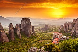 Meteora Roussanou Monastery at sunset, Greece