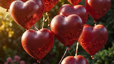 Red heart shaped balloons gently swaying in the wind
