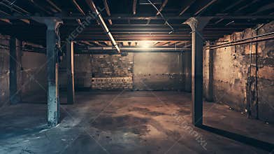 Generative AI Old empty, grunge basement room with copy space business concept.