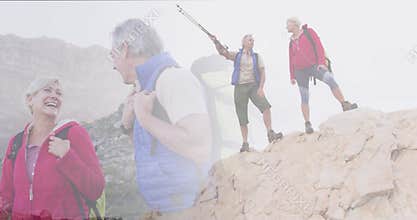 Composite of two happy caucasian senior couples hiking on mountainside