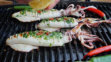 Chef hand squeeze lemon on squids grill barbecue. Cilantro parsley sauce. Slow motion