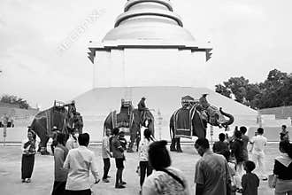 Thai people, elephant and mahout parade Pavilion at a wat par Lahansai temple , 31 January 2024 , Buriram Thailand.