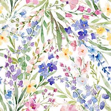 Beautiful floral seamless pattern with watercolor hand drawn flowers. Stock background design print.