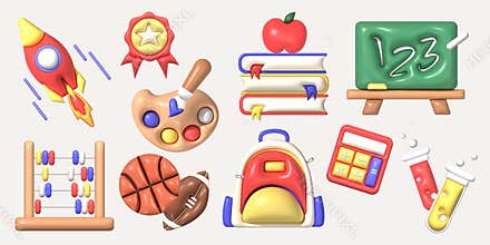 3d education set, symbol for back to school. 3d cartoon minimal illustration