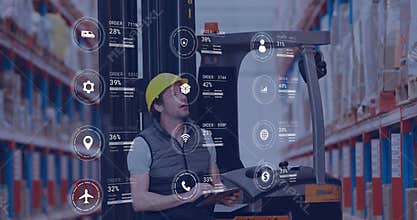 Animation of icons and digital data processing over caucasian man in forklift working in warehouse