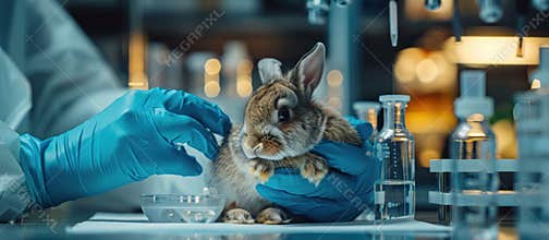 Rabbit Sitting in Laboratory With Glove On