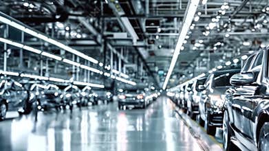 Mass production assembly line of modern cars in busy factory. High-tech machinery automotive manufacturing
