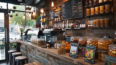 A view inside a coffee shop showing various jars neatly lined up on the counter.