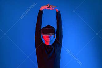 Smart sportman player wearing VR stretching whole body posing. Contrivance.