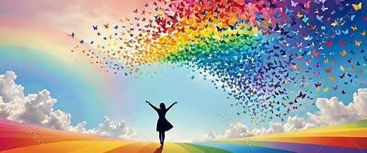 Woman Embracing Freedom with Colorful Butterflies
