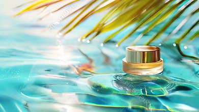 golden glass jar with cosmetic cream on clear blue water and palm trees
