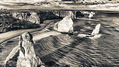 Twelve apostles along the great ocean road, Australia. Vintage filter - aerial view