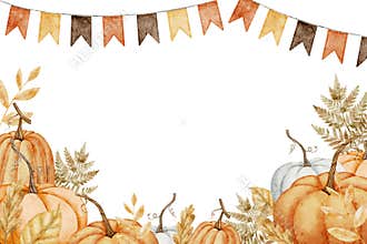 Pumpkin Banner watercolor illustration. Drawing of autumn frame with garlands and guards on isolated background for