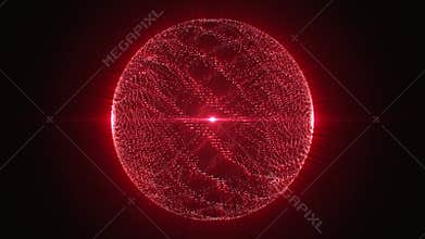 Abstract red energy ball with wavy ripple of particles on a surface and bright shine effect