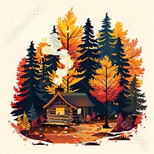 Cozy Cabin in Autumn Woods. Illustration of Log Cabin Retreat in Fall Forest