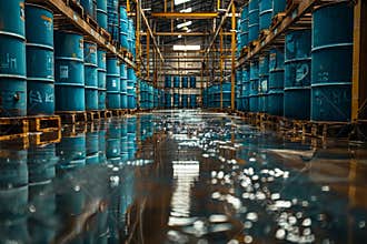 Chemical warehouse blue metal barrels on pallets for manufacturing chemistry products
