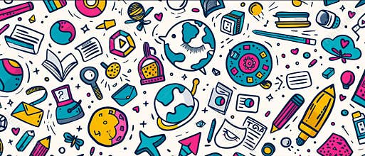 A whimsical and colorful seamless pattern background featuring hand-drawn doodles of school supplies, including pencils
