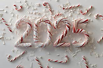 Christmas candy cane in the form of numbers 2025. New year caramel lollipop numbers greeting card and season festive