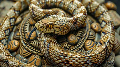 Snake lounging gracefully atop an ancient artifact adorned with intricate designs