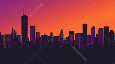Stylized illustration of the chicago skyline at sunset, featuring the iconic willis tower amidst a backdrop of vibrant