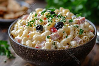indulge in a mediterranean-inspired twist on a classic favorite with creamy macaroni salad featuring ham, olives, and