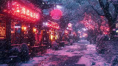 A cafe illuminated by neon lights, standing amidst a snowy landscape