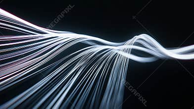 Abstract white wavy lines are flowing on black background, concept for technology, data transmission, telecommunications