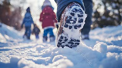 Close Up of Foot in Snow, Child Walking Outdoor, Winter Clothing, Family Stroll, Snowy Path, Hiking Boots, Season