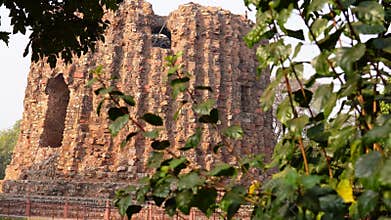 View of Alai Minar stands tall with the leaves in the courtyard of Qutub Minar