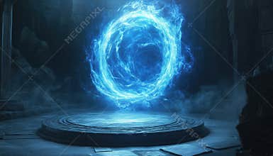 Bright Blue Swirl: A Portal Light Effect In A Fantasy Game Featuring A Round Teleport Podium And Magical Gateway