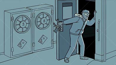 Masked Burglar Opening Large Vault Door with Crowbar