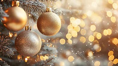 Gold Christmas ornaments hanging on a frosted tree branch with glowing bokeh lights in the background.