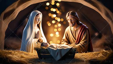Holy family praying for baby jesus in manger with blurred lights