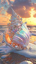 Iridescent seashell adorned with pearls on the beach