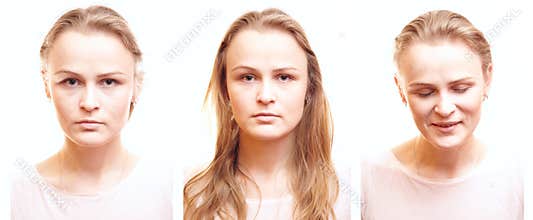 Girl passport photos with different emotions.