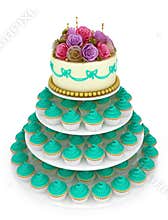 Wedding celebration cake with cupcakes