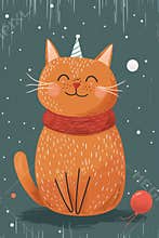 modern doodle illustration happy birthday cat