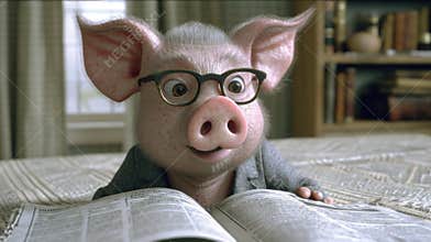 A pig wearing glasses and reading a book on the bed, AI