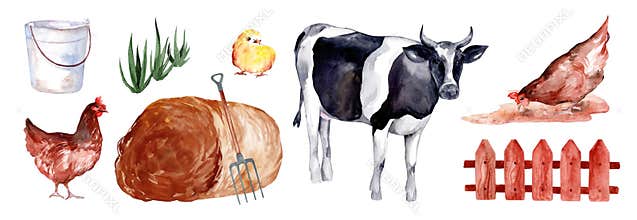 Set of watercolor illustrations of farm and domestic animals