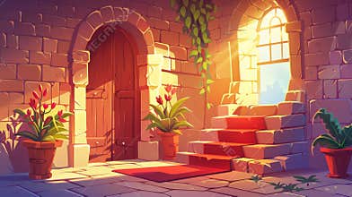 In a castle interior with arched wooden doors, potted flowers, stone steps with a red carpet and brick walls, light