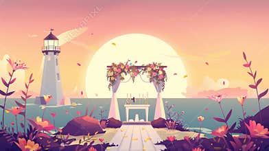 Tempting outdoor setup of an evening wedding ceremony at sunset with an altar draped under an arch and decorated with