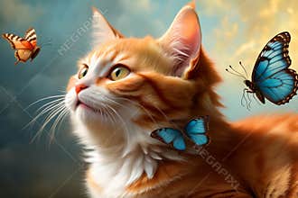 portrait of a beautiful red cat and butterfly