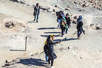 Iranian girls visits Dakhma - Tower of Silence, ancient structure built by Zoroastrians in Yazd