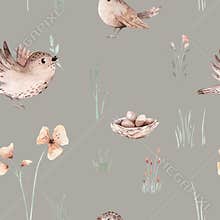 Watercolor Woodland birds seamless pattern. Fabric wallpaper forest with baby bird and nets, Floral flower forest, Nursery
