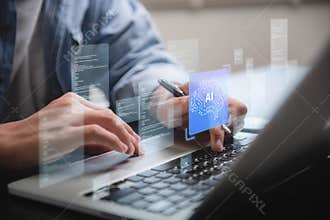 Professional Businessman Utilizing AI Technology for Data Analysis to Enhance Business Strategy and Drive Innovation in a Tech