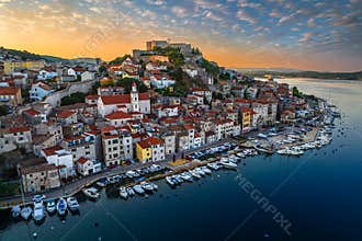 Sibenik, Croatia - Aerial panoramic view of the mediterranean old town of Sibenik on a sunny summer morning