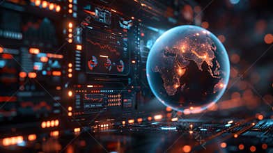 A large floating globe with a holographic projection of investment opportunities around the world. The globe slowly