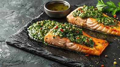 Two grilled salmon fillets topped with a vibrant green chimichurri sauce
