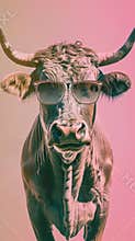 Cow wearing sunglasses on a pink background